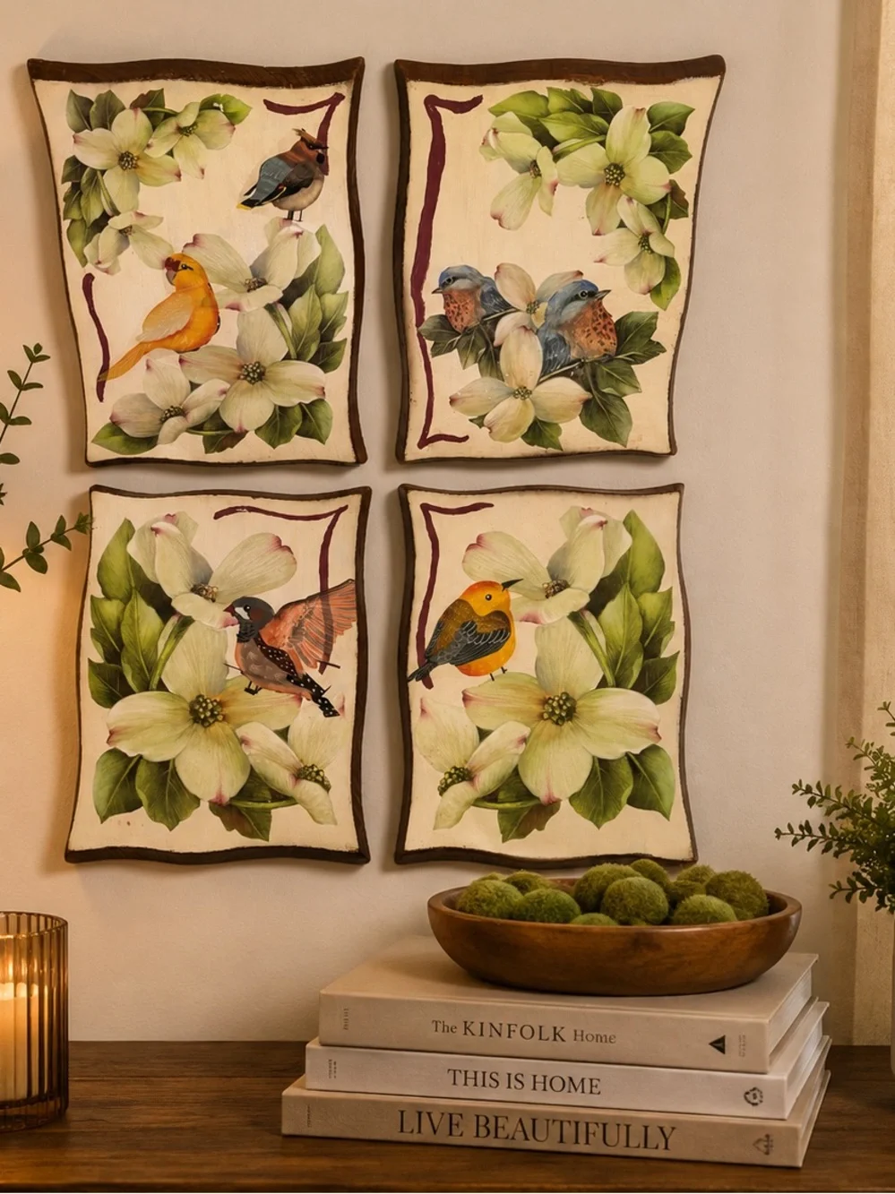 Handcrafted Floral & Songbird Wood Wall Plaques – Set of 4 (8” × 6”)